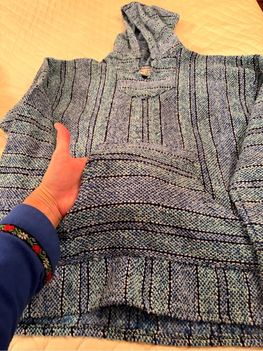 Men's Hooded Crewneck Sweater in Light Blue Stripe